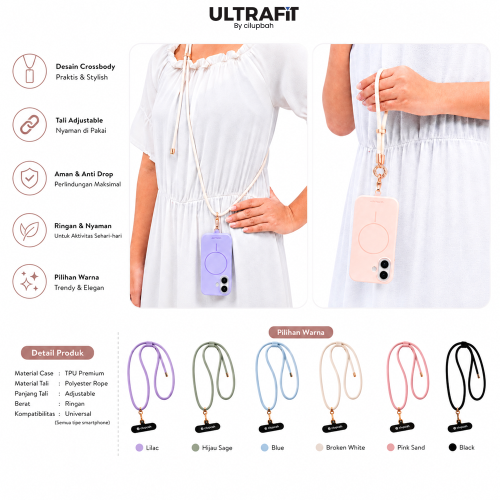 CILUPBAH Easy-Clean Adjustable Phone Strap with Alloy Hook & Polyester Phone Patch – Wrist 30 cm / Long Strap 150 cm