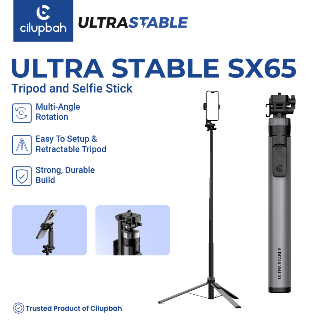 Cilupbah Ultra Stable SX65 - Tripod & Selfie Stick | Multi-Angle Rotation | Bluetooth Shutter | Durable Build