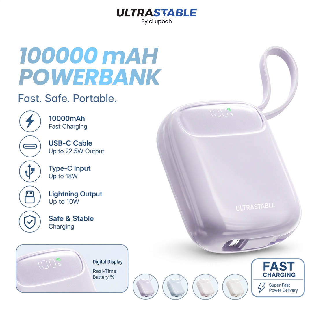ULTRA STABLE (Certified CCC) Power Bank Mini 10000mAh 22.5W Fast Charging Built-in Cable Type C / Lightning Digital Display Portable Ultra Compact