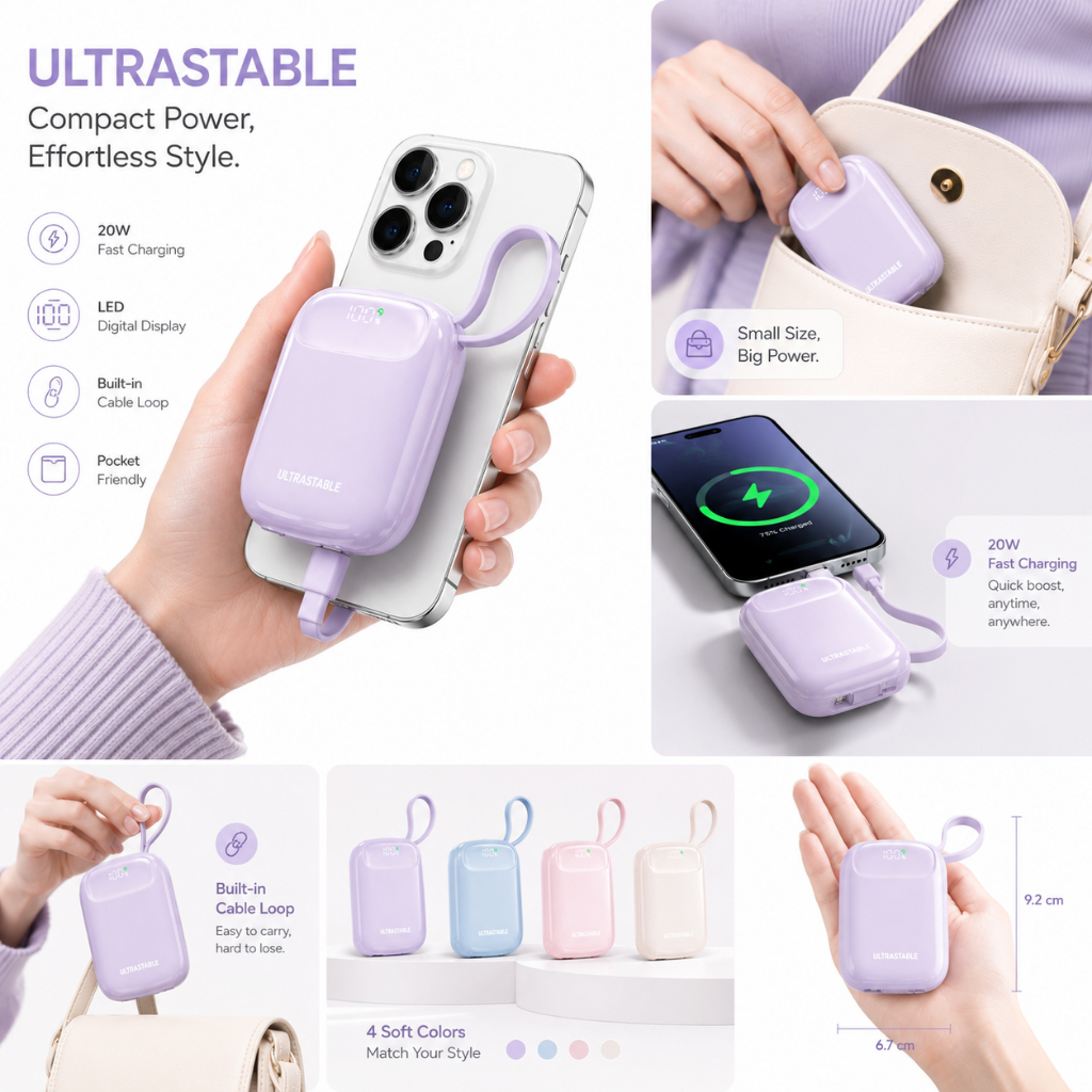 ULTRA STABLE (Certified CCC) Power Bank Mini 10000mAh 22.5W Fast Charging Built-in Cable Type C / Lightning Digital Display Portable Ultra Compact