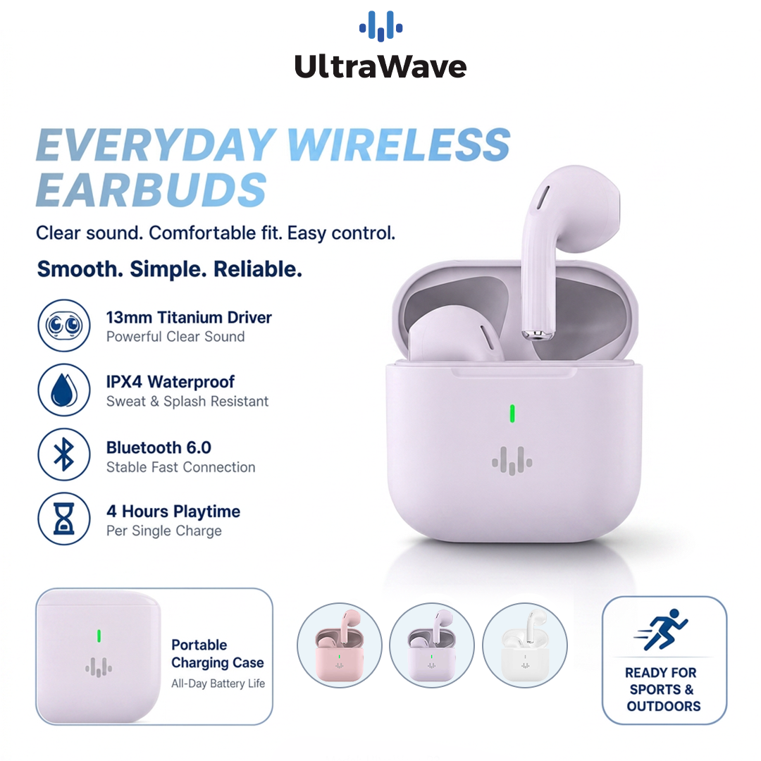 UltraWave TWS Earbuds Bluetooth 6.0 Wireless Headset Earphone Stereo 13mm Titanium Driver IPX4 Charging Case for iPhone Android