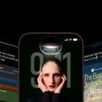 Tiga layar iPhone 18 Pro menampilkan antarmuka Siri dan konten visual di atas latar hitam