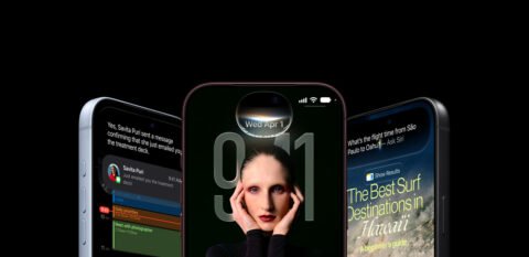 Tiga layar iPhone 18 Pro menampilkan antarmuka Siri dan konten visual di atas latar hitam