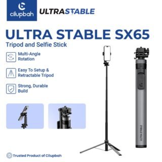 Gambar produk Cilupbah Ultra Stable SX65 berupa tripod dan selfie stick hitam dengan kaki tripod terbuka, disertai keterangan rotasi multi-sudut, mudah dipasang, dan konstruksi kuat.
