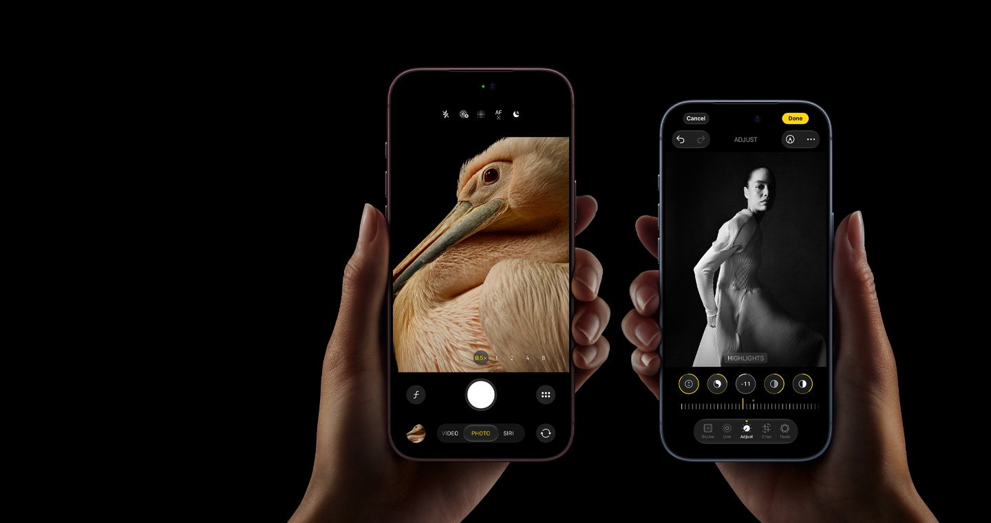 Dua iPhone 18 Pro dengan tampilan layar fotografi yang berbeda.