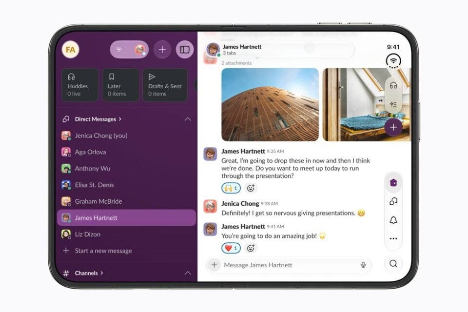 iPhone Duo terbuka menampilkan aplikasi Slack untuk produktivitas.