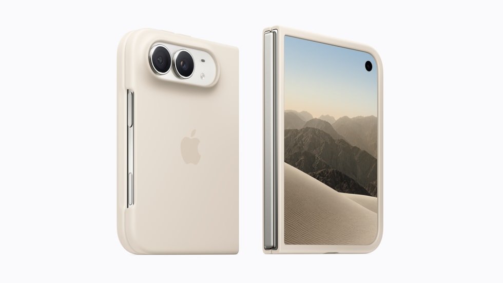 iPhone Duo terlipat dengan casing sand, dilihat dari depan dan belakang.