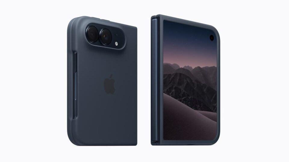 iPhone Duo terlipat dengan casing navy blue, dilihat dari depan dan belakang.