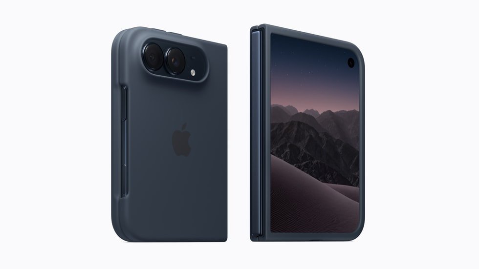 iPhone Duo terlipat dengan casing navy blue, dilihat dari depan dan belakang.