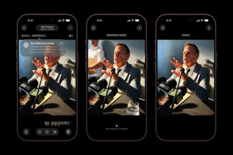 Tiga tampilan layar iPhone 18 Pro memperlihatkan fitur Apple Reference Image.