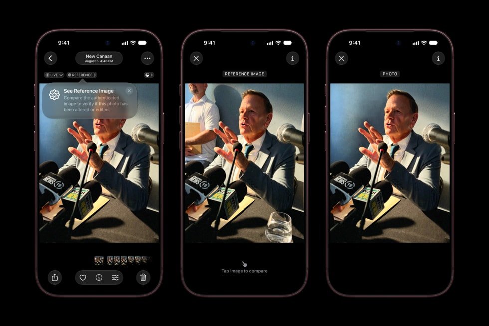 Tiga tampilan layar iPhone 18 Pro memperlihatkan fitur Apple Reference Image.