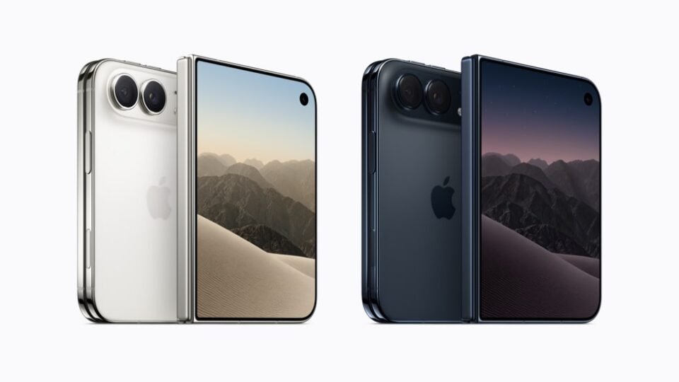 iPhone Duo dalam warna star white dan night sky, dilihat dari depan dan belakang.