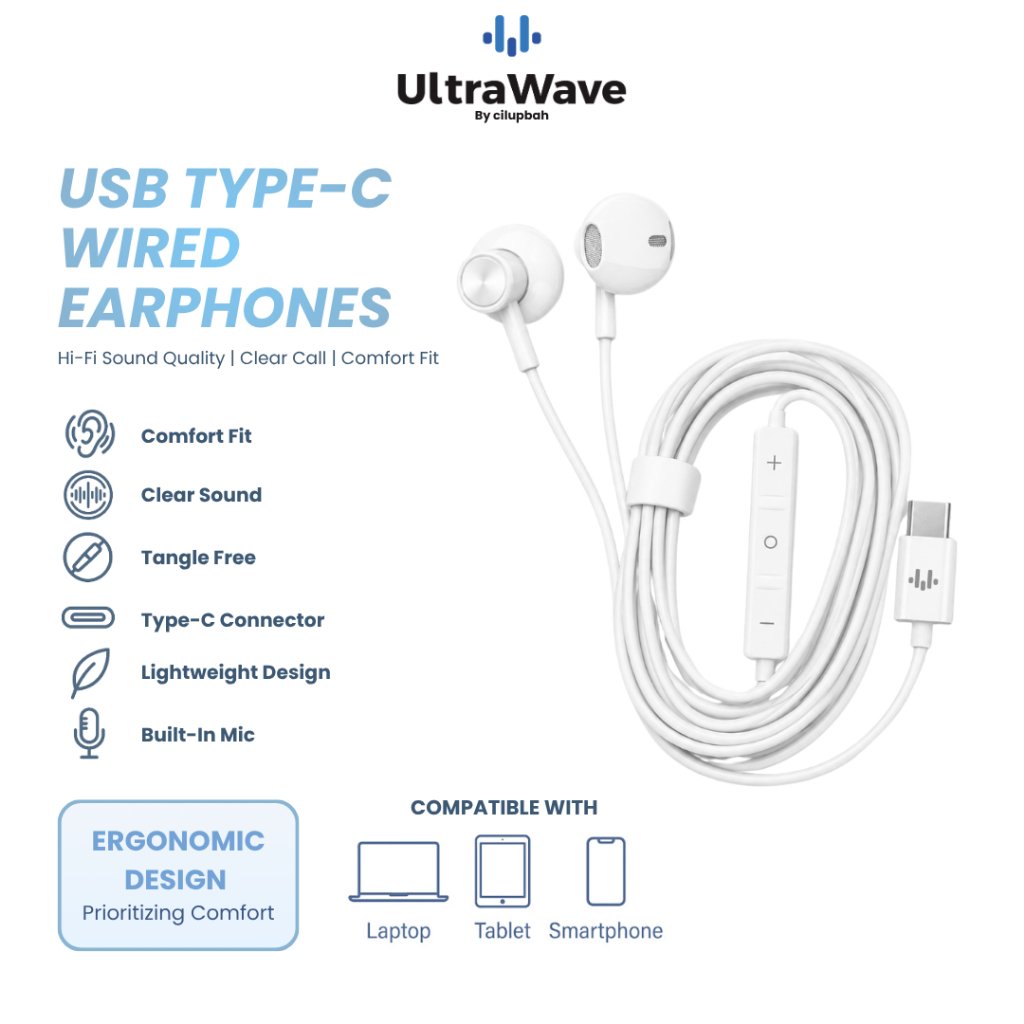 UltraWave Earphone Magnetic Type C Kabel Headset USB C Wired HiFi Stereo Built-in Mic Volume Control for iPhone Android Smartphone