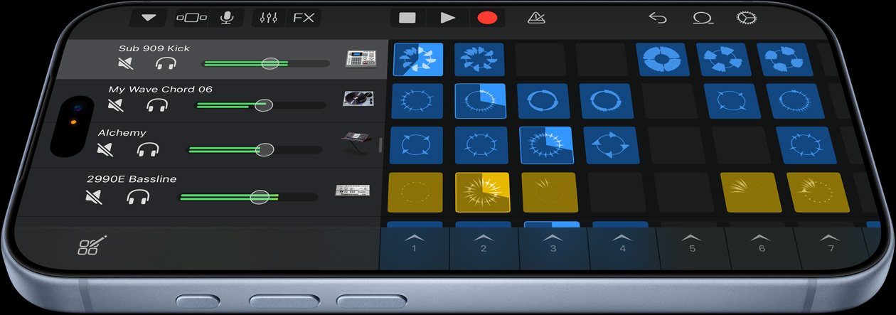 Tampilan layar iPhone 18 Pro berwarna glacier yang menjalankan aplikasi Logic Pro.
