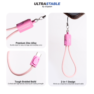 Kabel data dan charger ULTRASTABLE berwarna merah muda dengan desain braided, konektor, pengait gantungan kunci, dan fitur 2-in-1.