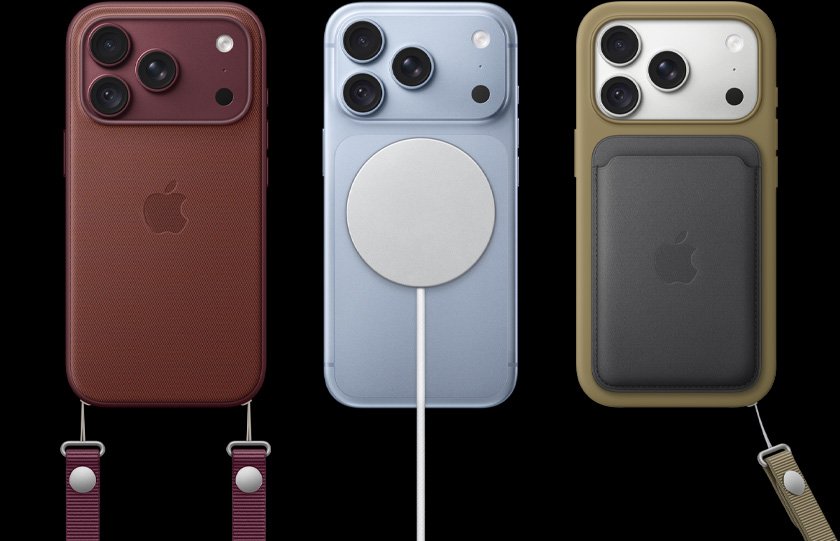 Tiga iPhone 18 Pro dalam berbagai casing dan aksesori, termasuk casing dengan tali, pengisi daya MagSafe, dan dompet belakang.