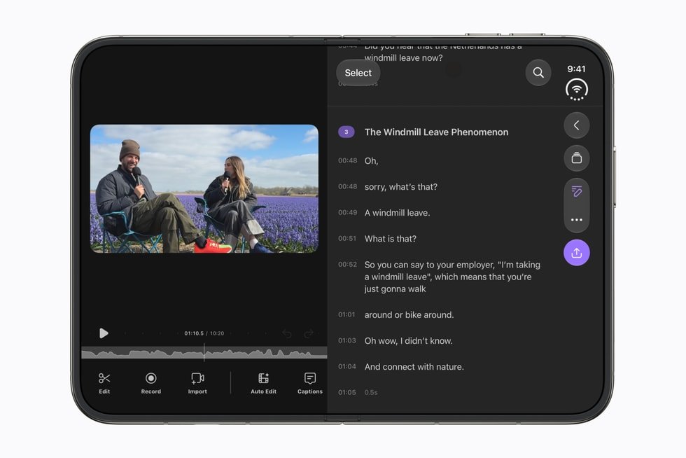 Tampilan iPhone Duo dengan dua panel layar yang menjalankan aplikasi pengeditan video dan transkrip percakapan.