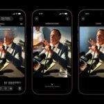 Tiga iPhone 18 Pro menampilkan perbandingan foto asli dan hasil edit seorang pembicara di depan mikrofon.
